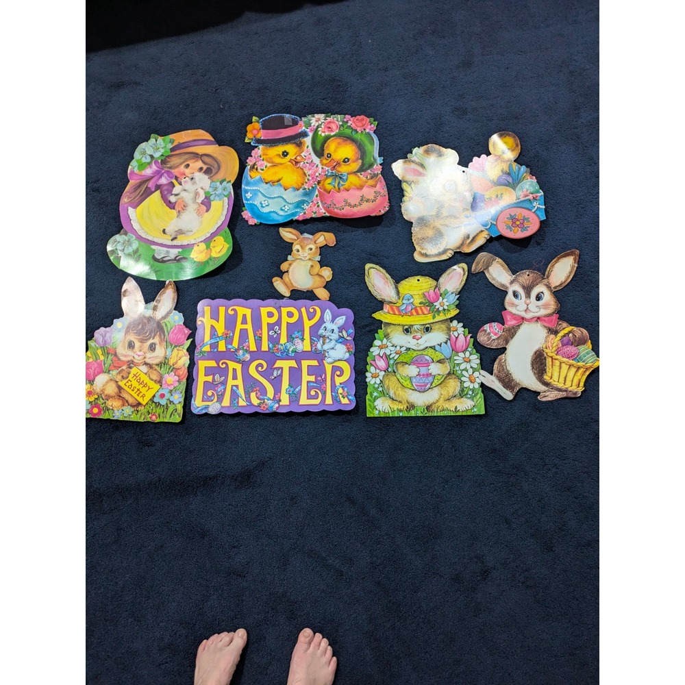 Vintage Easter Cardboard Cutout Die Cut 7 Piece Lot‎ Bunnies Chick Retro